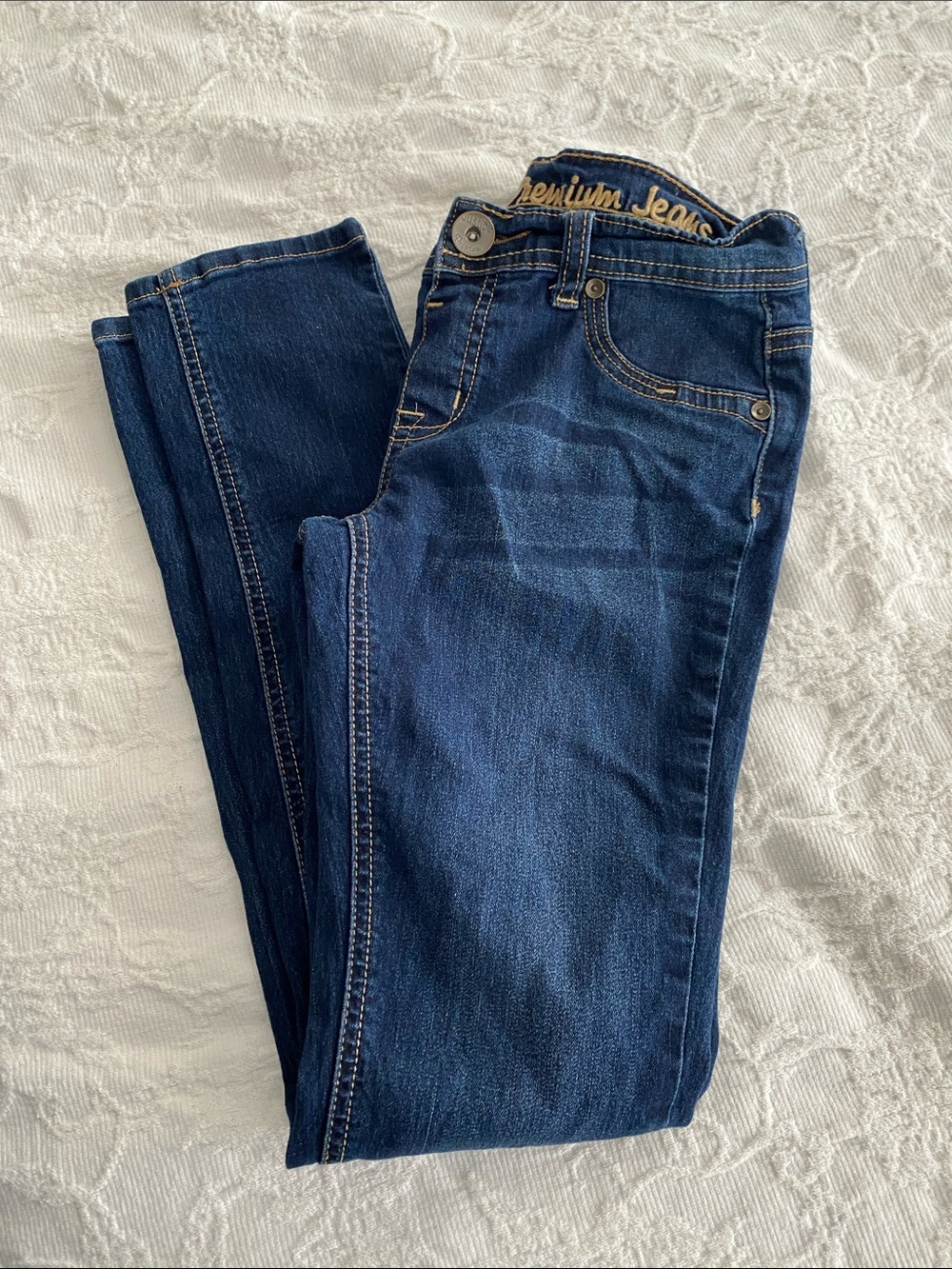 Justice Dark Blue Stretch Denim Jeans with Embroidered Waistband